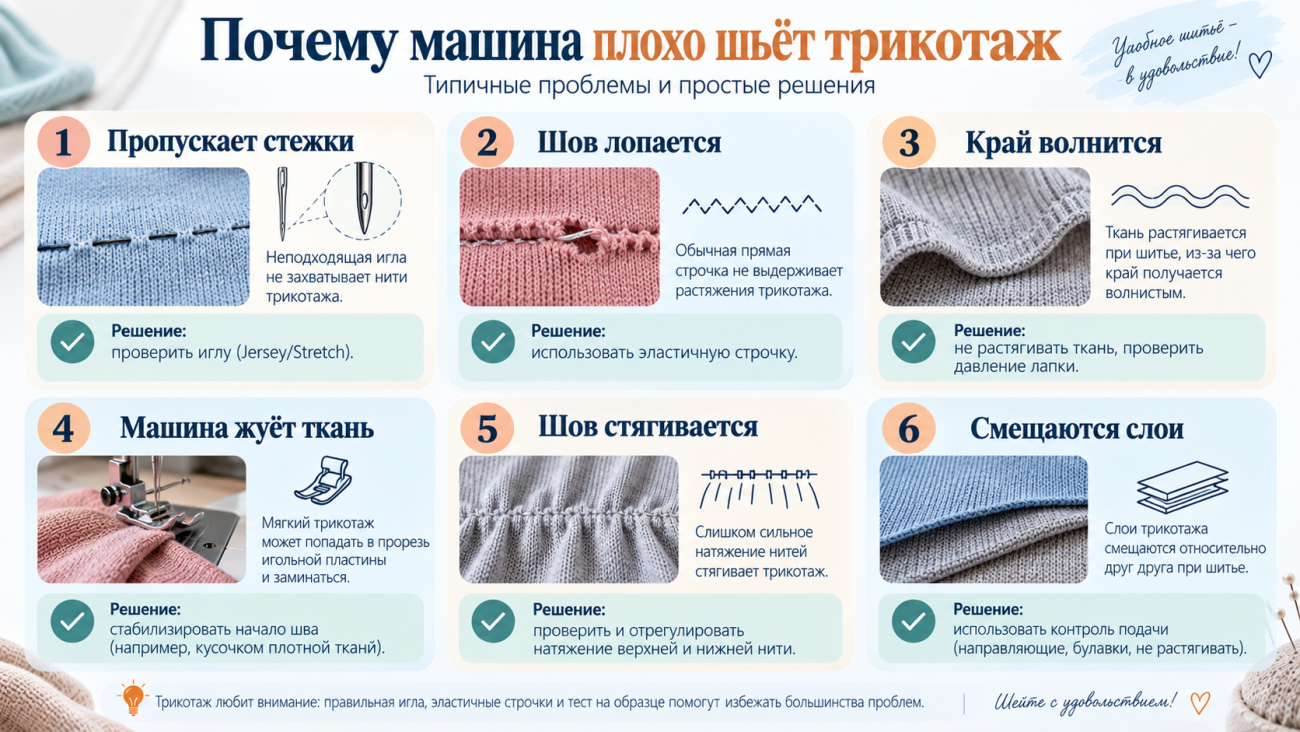 Почему швейная машина плохо шьет трикотаж