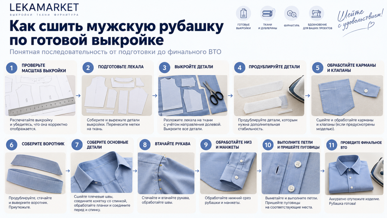 Этапы пошива мужской рубашки по готовой выкройке