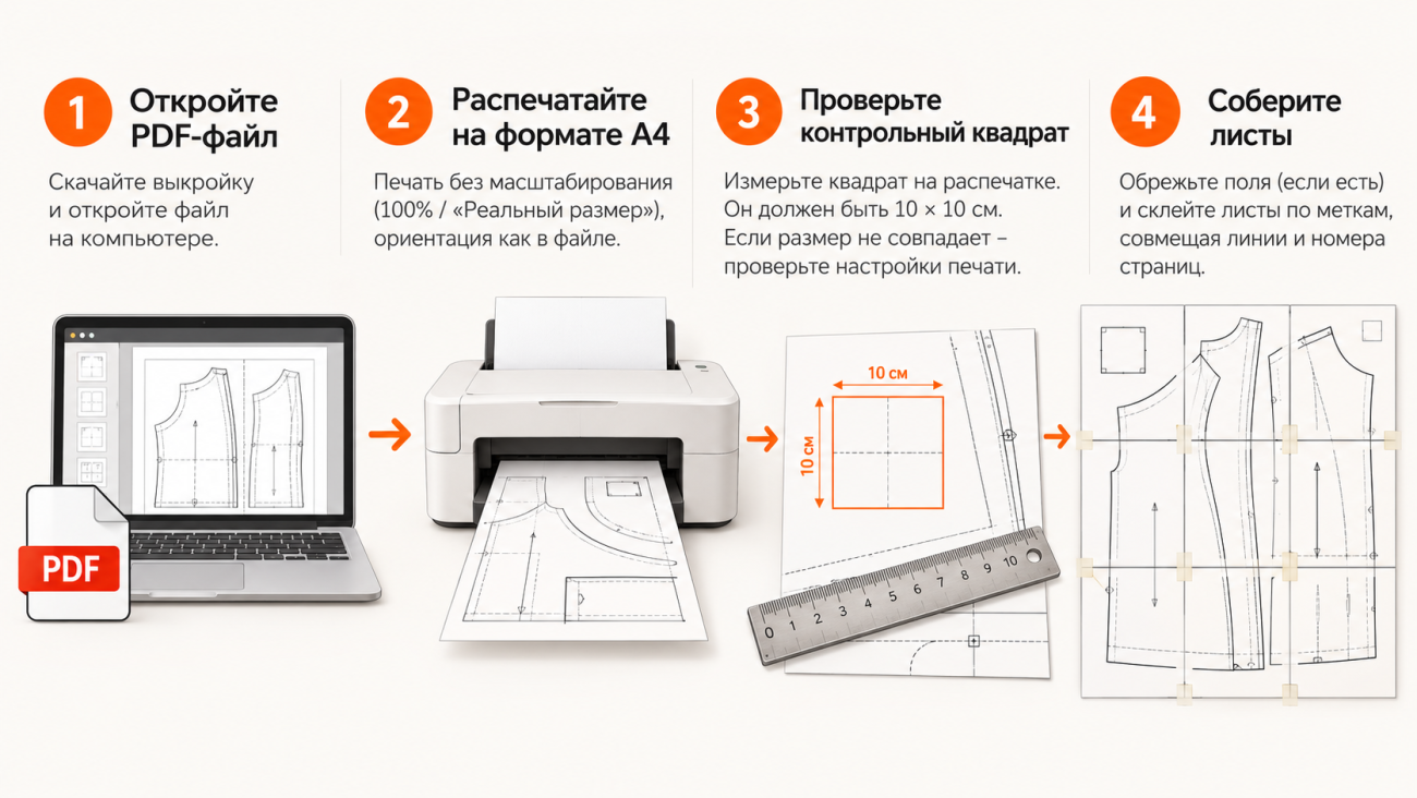 Как проверить масштаб печати PDF-выкройки по контрольному квадрату